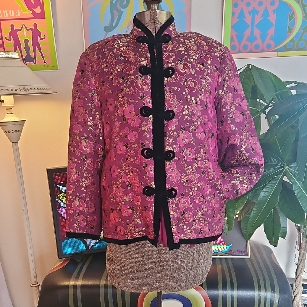 Vintage Asian Silk Velvet Goose Down Filled Winter Jacket Pink Fuchsia Gold Sz S